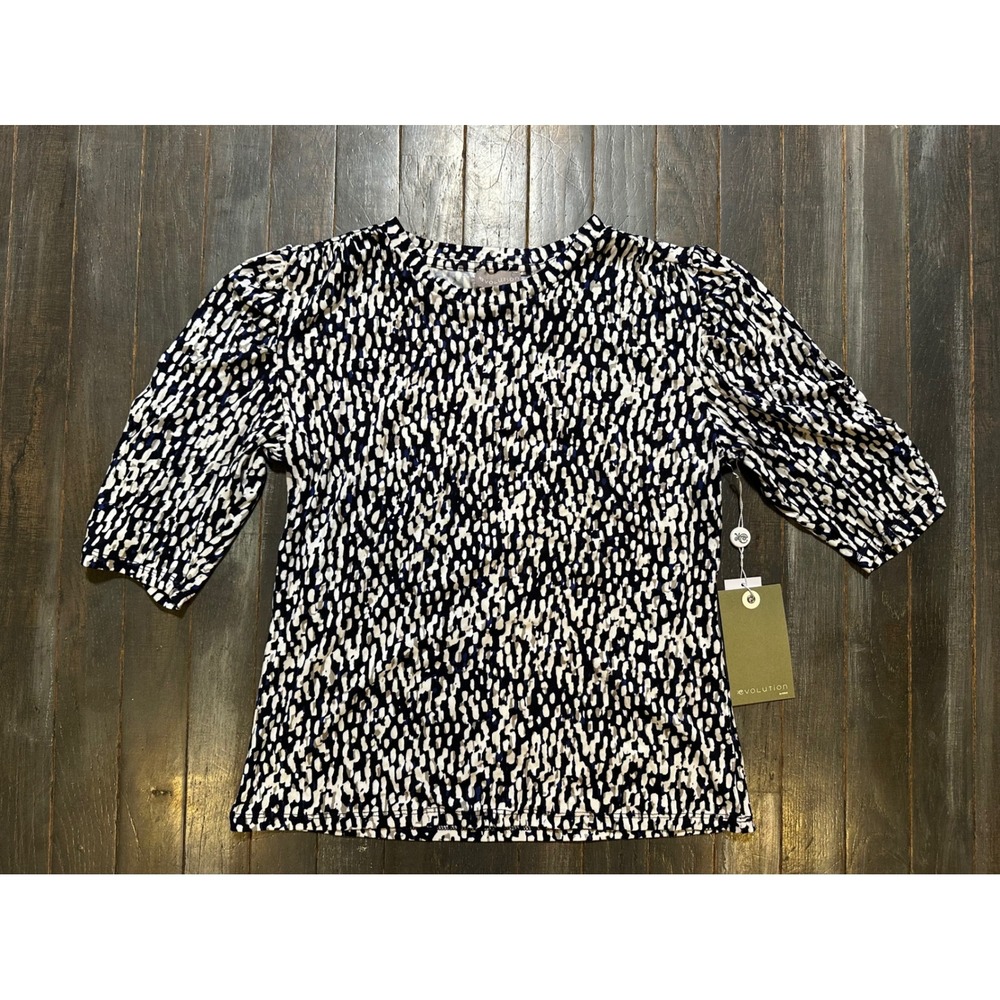 Evolution‎ by Cyrus Laurel Ruched Sleeve Knit Top Navy White Abstract Dot Medium